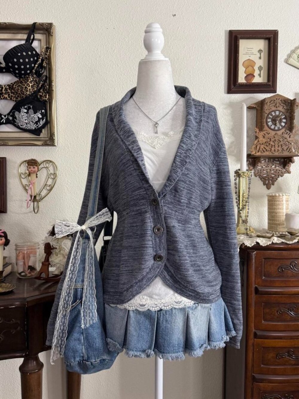 Y2k preppy cozy girly grunge muted toned blue/grey babydoll cardigan